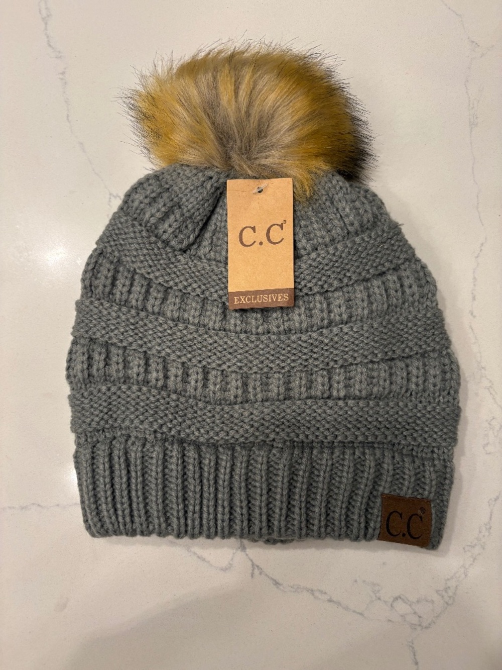 C.C Natural Grey Ribbed Hat With Faux Fur Pom
